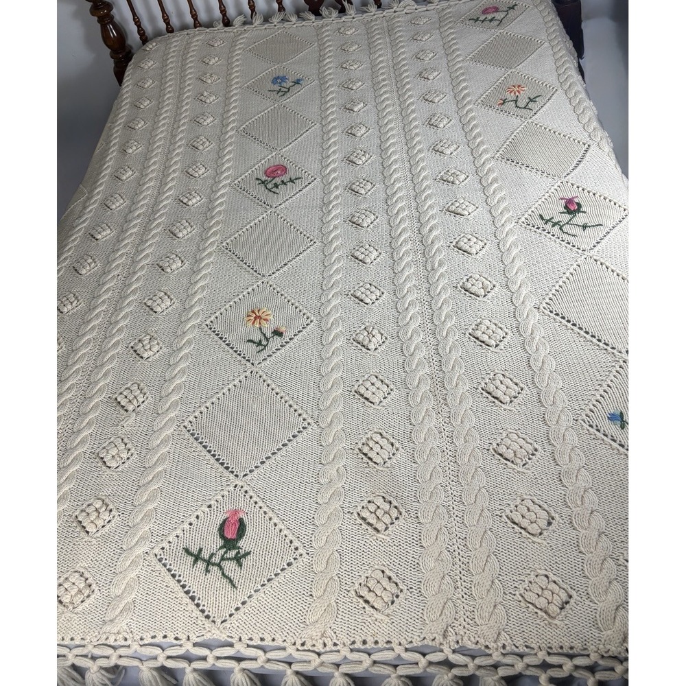 Vintage Handknit Aran Style Cable Knit Throw Blanket Floral Embroidery Cream
